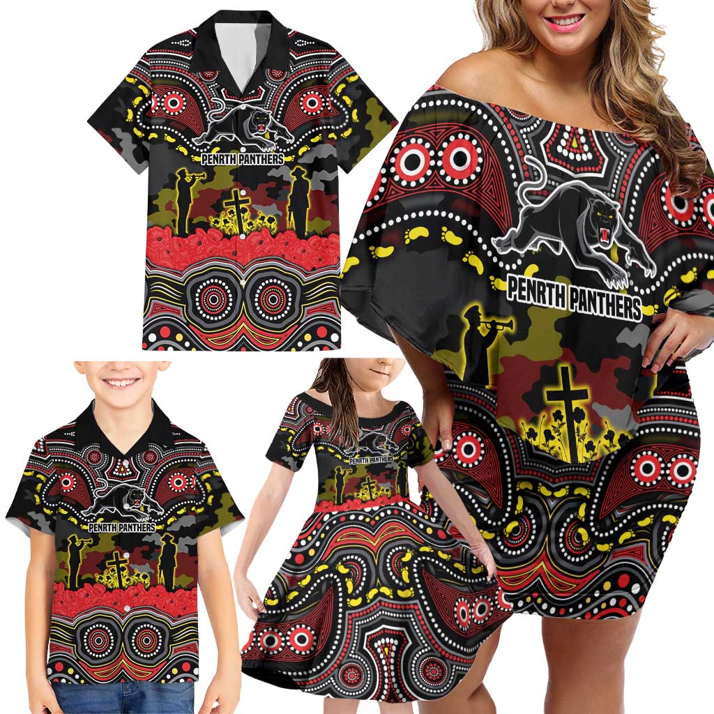 ANZAC Day Penrith Panthers Family Matching Off Shoulder Short Dress and Hawaiian Shirt Military Memorial Aboriginal Indigenous Art