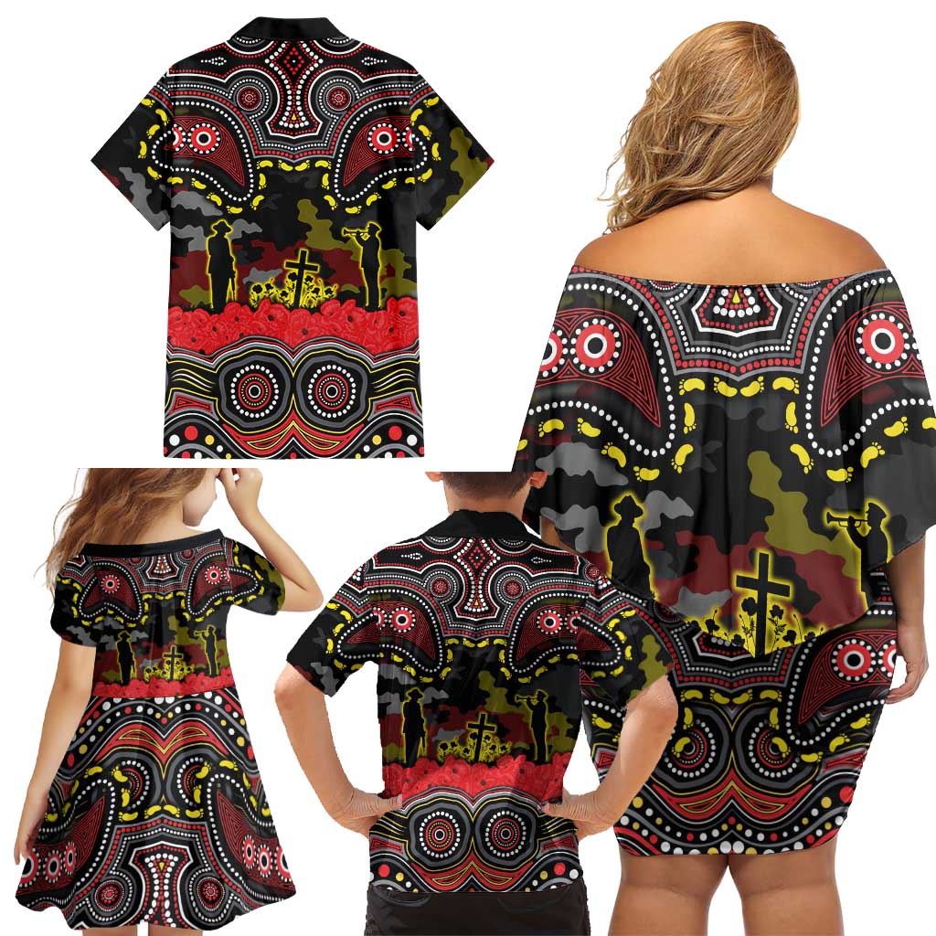 ANZAC Day Penrith Panthers Family Matching Off Shoulder Short Dress and Hawaiian Shirt Military Memorial Aboriginal Indigenous Art