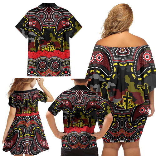 ANZAC Day Penrith Panthers Family Matching Off Shoulder Short Dress and Hawaiian Shirt Military Memorial Aboriginal Indigenous Art