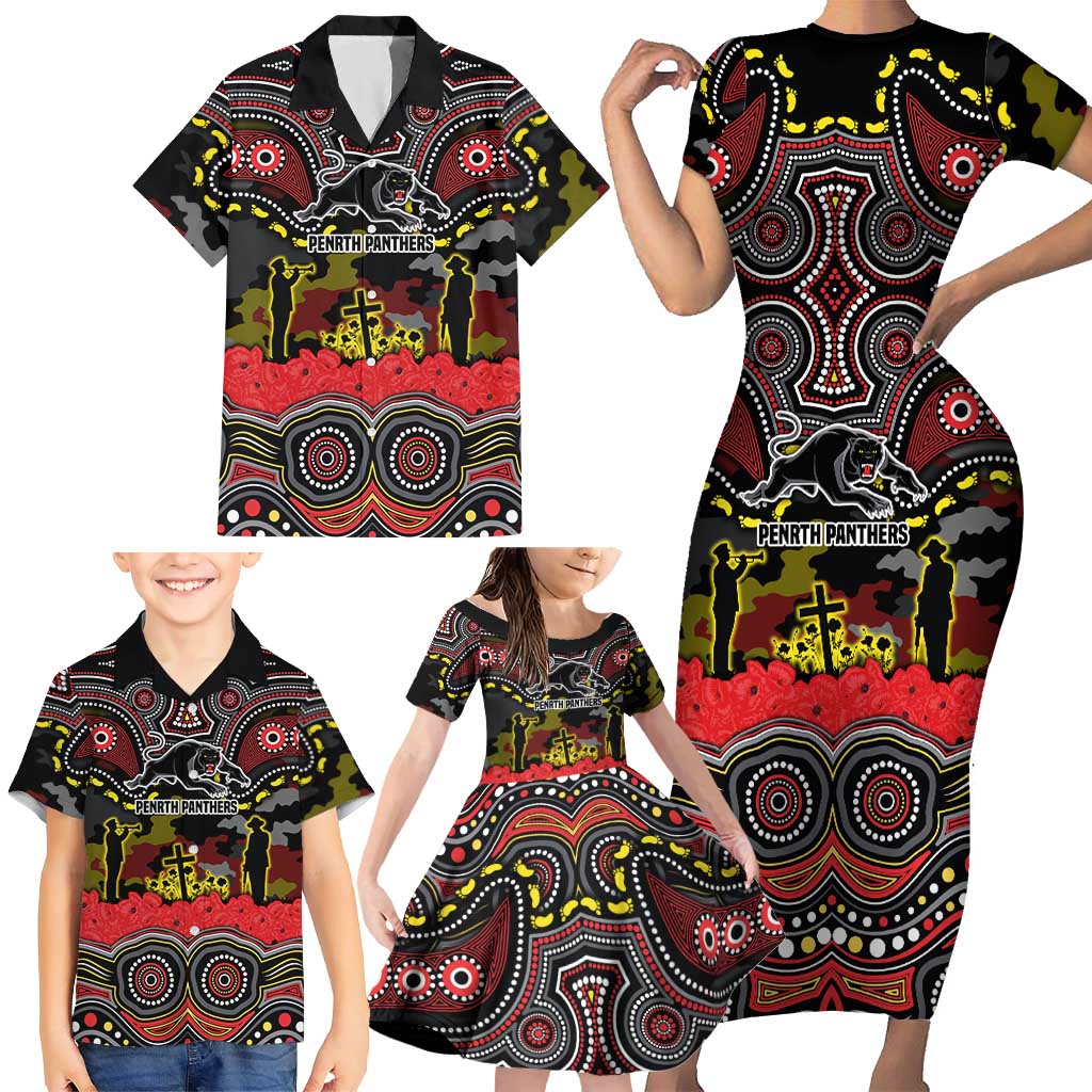 ANZAC Day Penrith Panthers Family Matching Short Sleeve Bodycon Dress and Hawaiian Shirt Military Memorial Aboriginal Indigenous Art