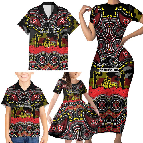 ANZAC Day Penrith Panthers Family Matching Short Sleeve Bodycon Dress and Hawaiian Shirt Military Memorial Aboriginal Indigenous Art