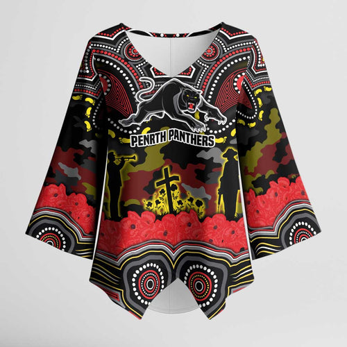 ANZAC Day Penrith Panthers Kimono Sleeve Blouse Military Memorial Aboriginal Indigenous Art