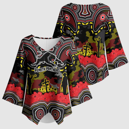 ANZAC Day Penrith Panthers Kimono Sleeve Blouse Military Memorial Aboriginal Indigenous Art