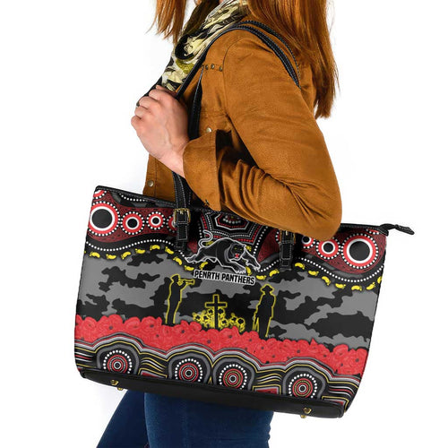 ANZAC Day Penrith Panthers Leather Tote Bag Military Memorial Aboriginal Indigenous Art