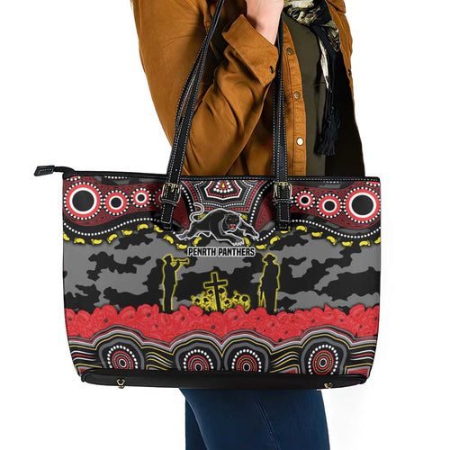 ANZAC Day Penrith Panthers Leather Tote Bag Military Memorial Aboriginal Indigenous Art
