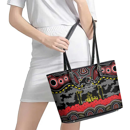 ANZAC Day Penrith Panthers Leather Tote Bag Military Memorial Aboriginal Indigenous Art