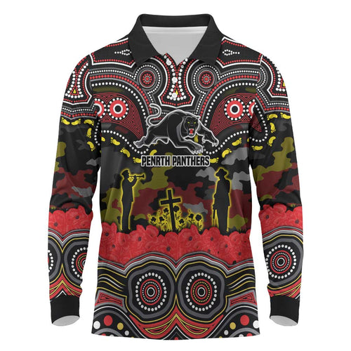 ANZAC Day Penrith Panthers Long Sleeve Polo Shirt Military Memorial Aboriginal Indigenous Art