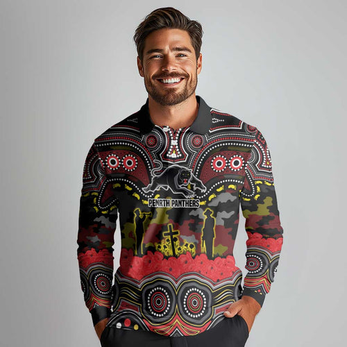 ANZAC Day Penrith Panthers Long Sleeve Polo Shirt Military Memorial Aboriginal Indigenous Art