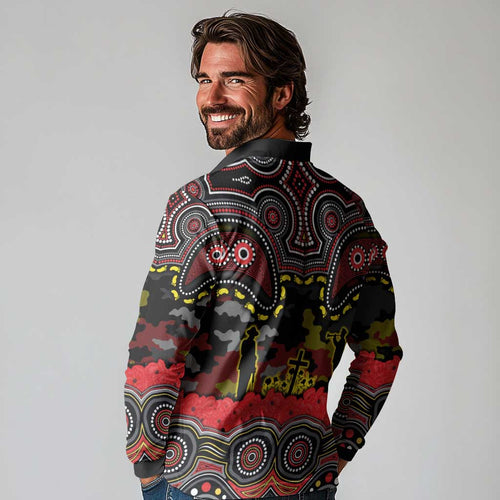ANZAC Day Penrith Panthers Long Sleeve Polo Shirt Military Memorial Aboriginal Indigenous Art