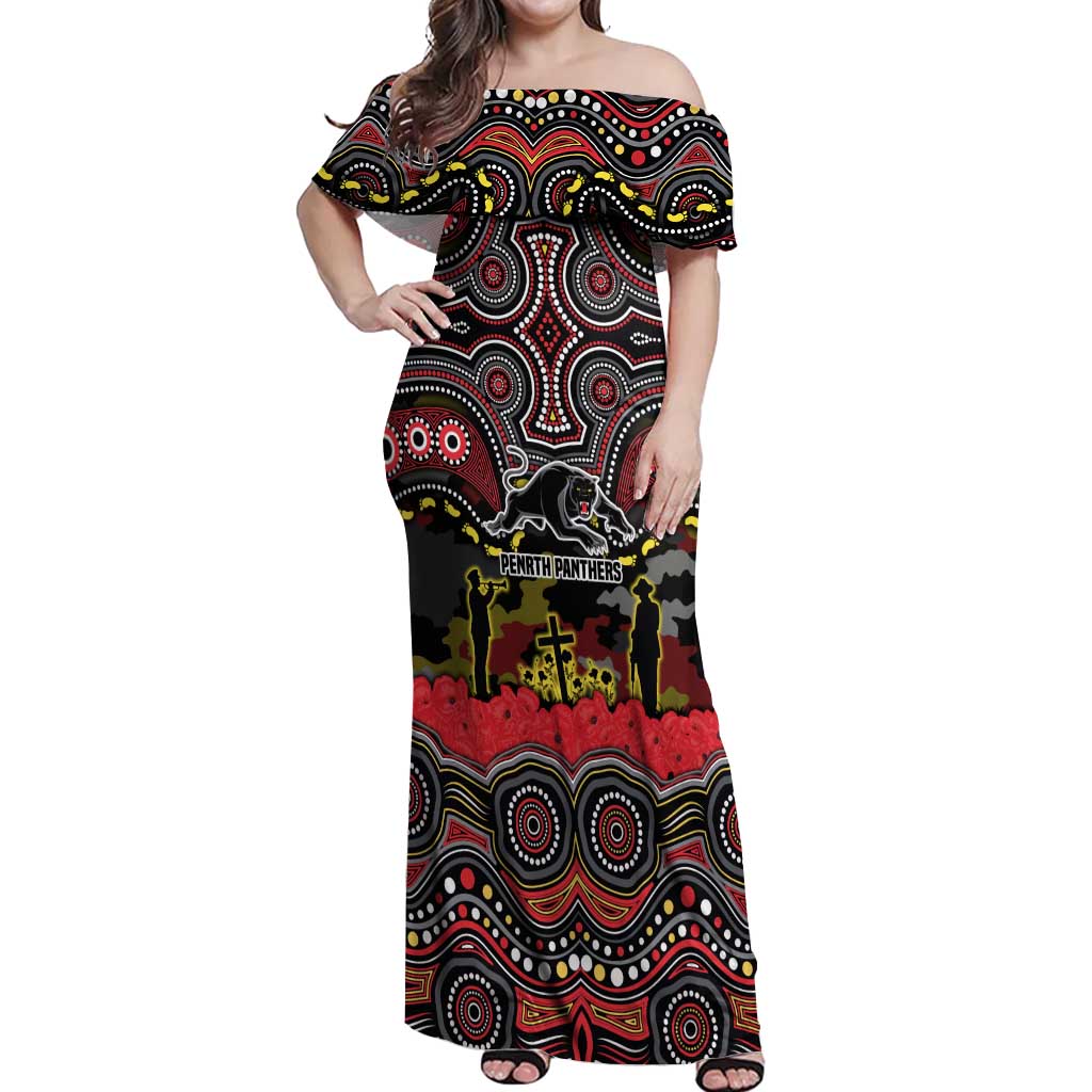 ANZAC Day Penrith Panthers Off Shoulder Maxi Dress Military Memorial Aboriginal Indigenous Art
