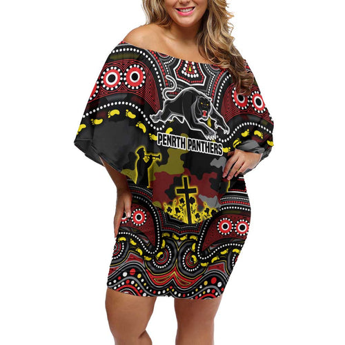 ANZAC Day Penrith Panthers Off Shoulder Short Dress Military Memorial Aboriginal Indigenous Art
