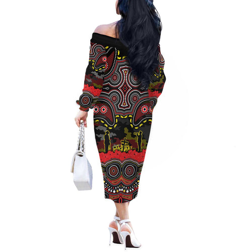 ANZAC Day Penrith Panthers Off The Shoulder Long Sleeve Dress Military Memorial Aboriginal Indigenous Art