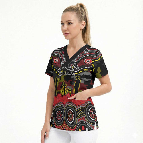 ANZAC Day Penrith Panthers Scrub Top Military Memorial Aboriginal Indigenous Art