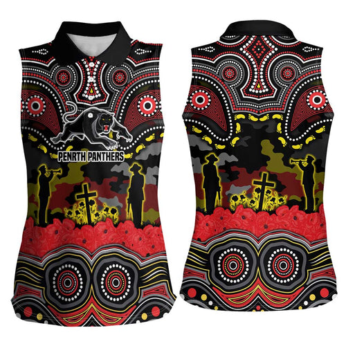 ANZAC Day Penrith Panthers Women Sleeveless Polo Shirt Military Memorial Aboriginal Indigenous Art