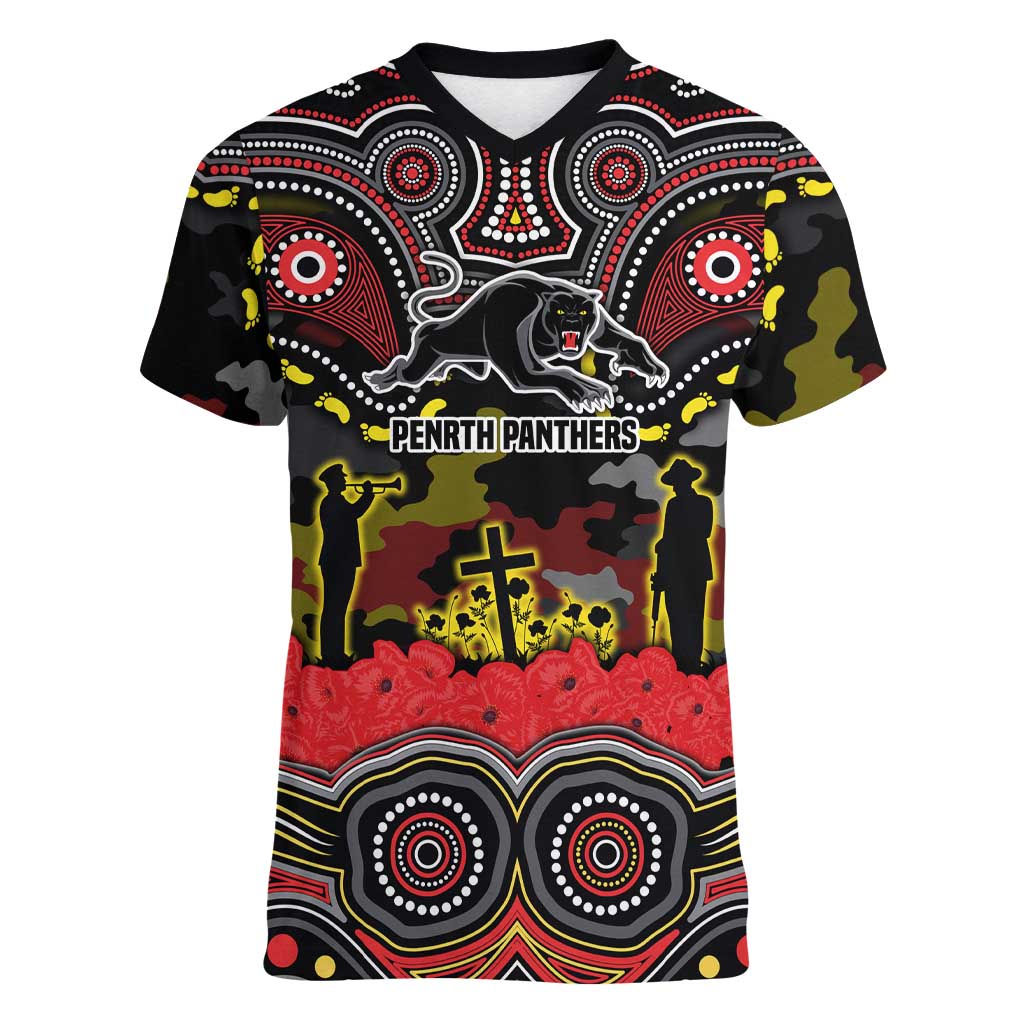 ANZAC Day Penrith Panthers Women V-Neck T-Shirt Military Memorial Aboriginal Indigenous Art