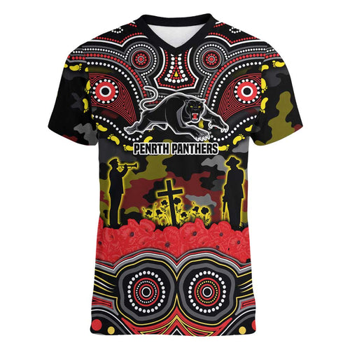 ANZAC Day Penrith Panthers Women V-Neck T-Shirt Military Memorial Aboriginal Indigenous Art