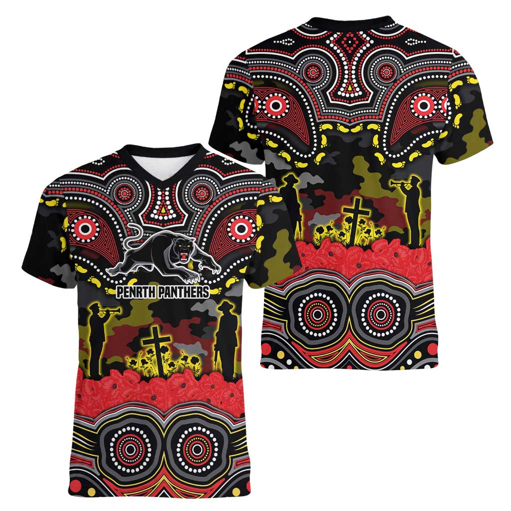 ANZAC Day Penrith Panthers Women V-Neck T-Shirt Military Memorial Aboriginal Indigenous Art