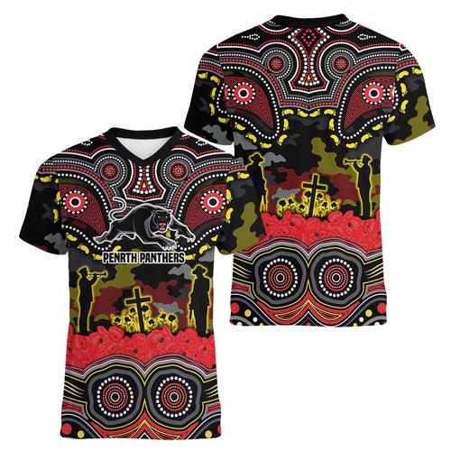 ANZAC Day Penrith Panthers Women V-Neck T-Shirt Military Memorial Aboriginal Indigenous Art