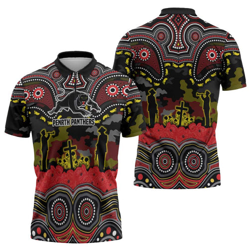 ANZAC Day Penrith Panthers Zipper Polo Shirt Military Memorial Aboriginal Indigenous Art