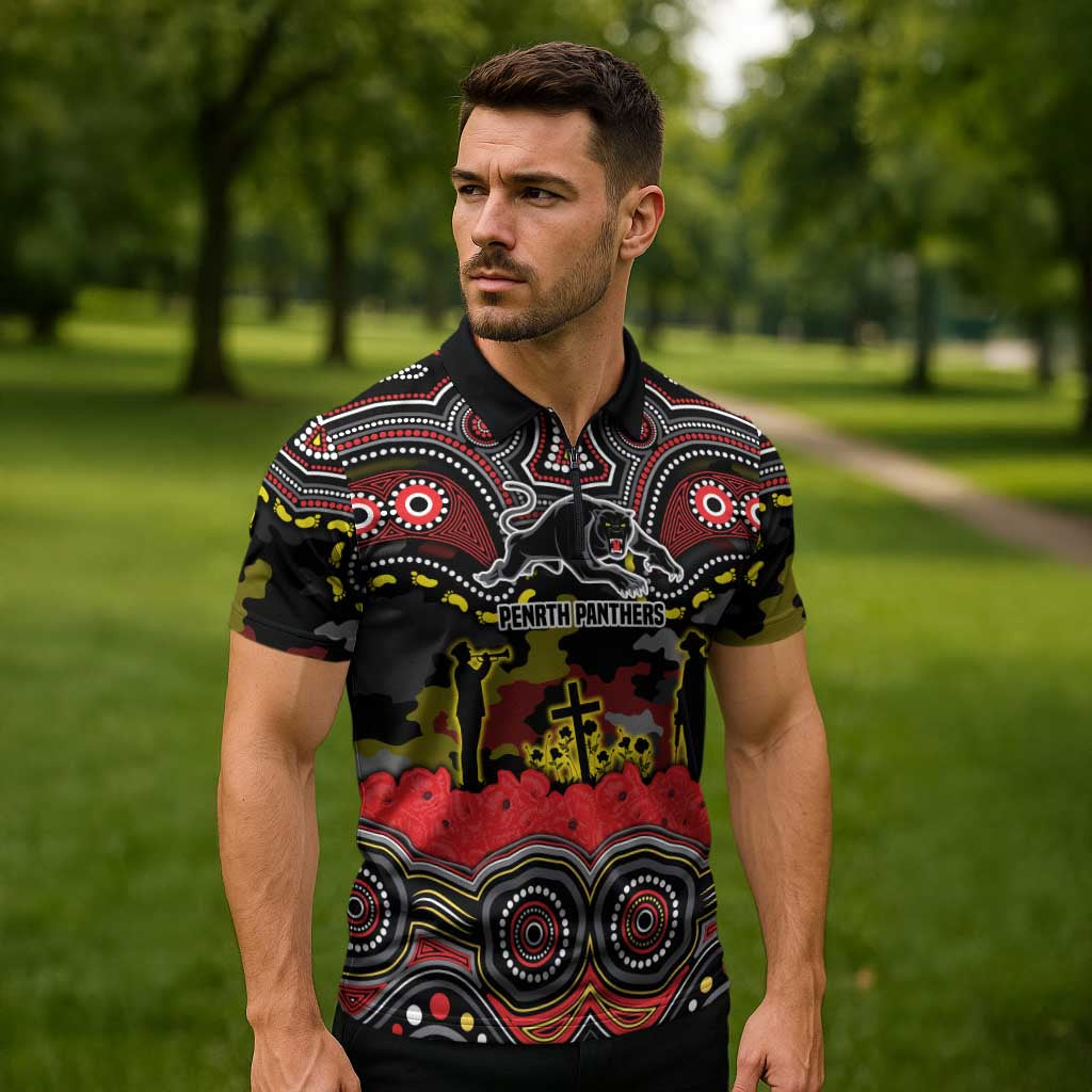ANZAC Day Penrith Panthers Zipper Polo Shirt Military Memorial Aboriginal Indigenous Art