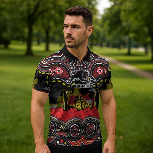 ANZAC Day Penrith Panthers Zipper Polo Shirt Military Memorial Aboriginal Indigenous Art
