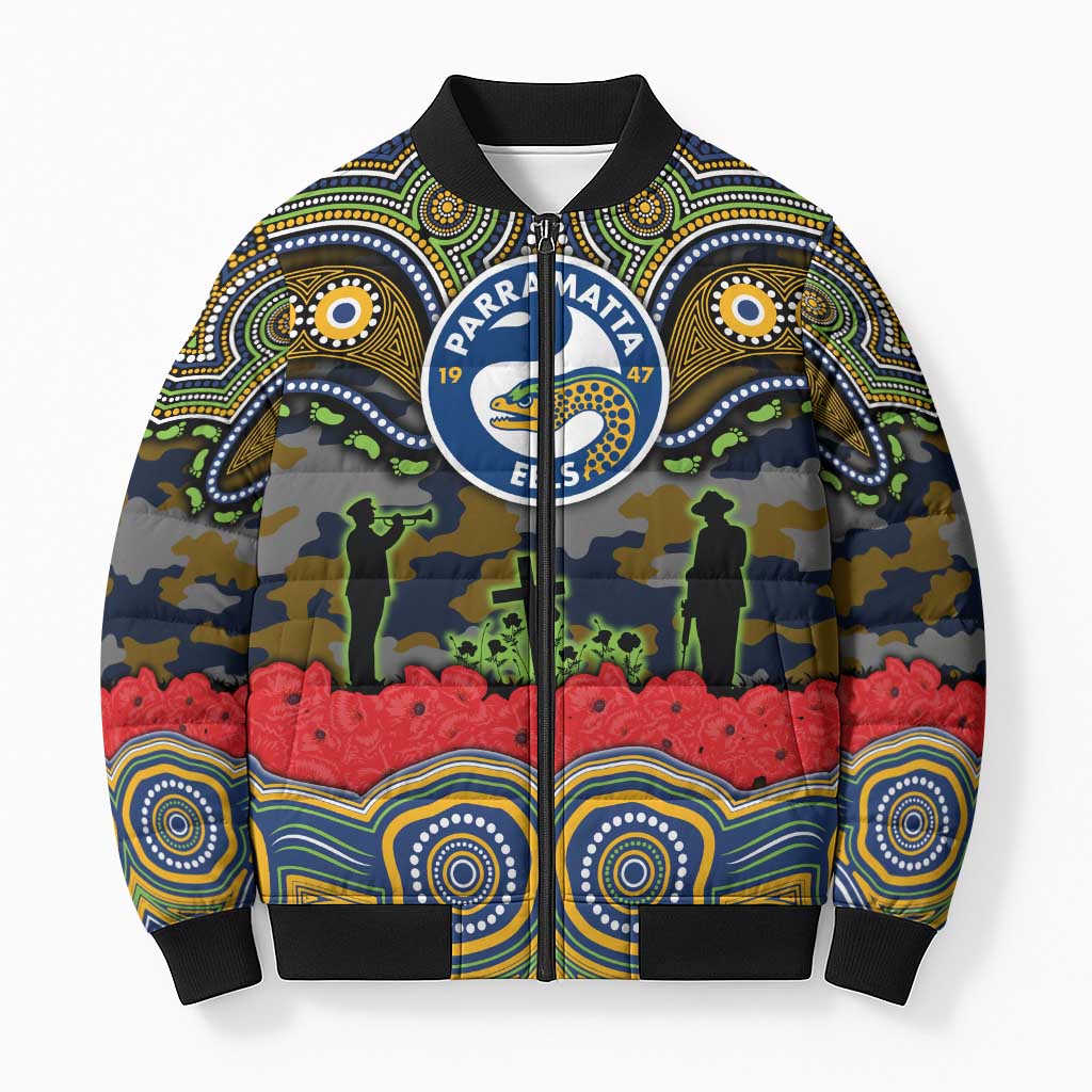 ANZAC Day Parramatta Eels Bomber Puffer Jacket Military Memorial Aboriginal Indigenous Art