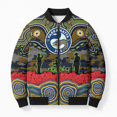 ANZAC Day Parramatta Eels Bomber Puffer Jacket Military Memorial Aboriginal Indigenous Art
