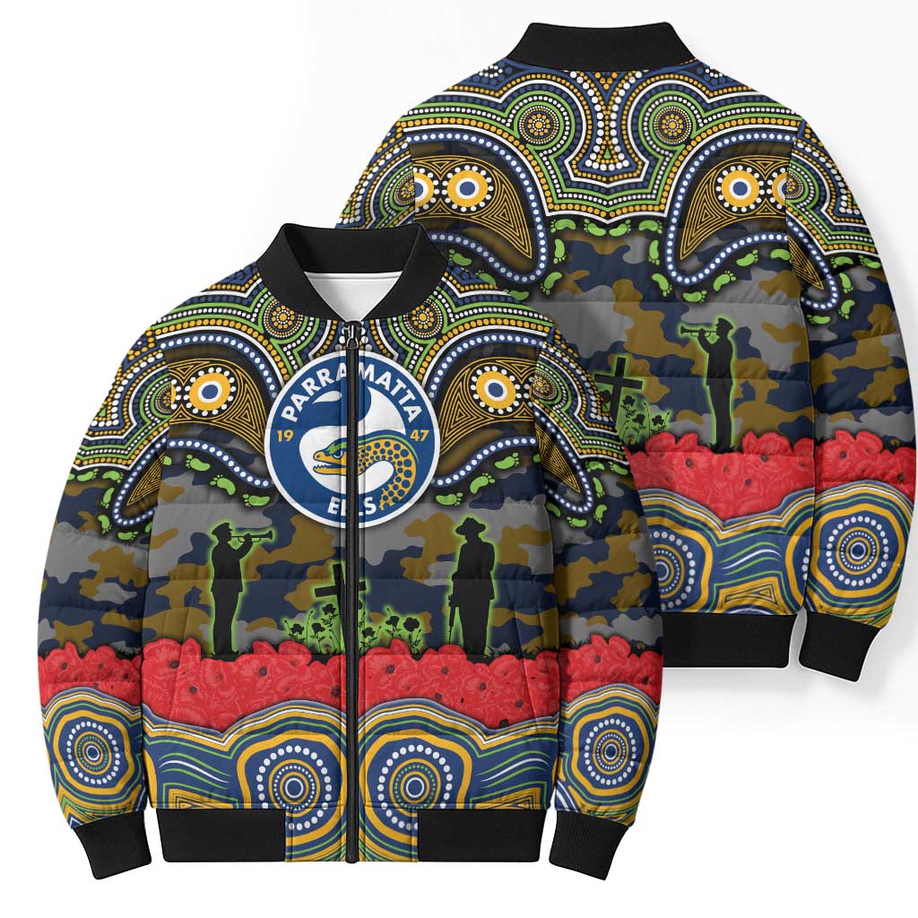 ANZAC Day Parramatta Eels Bomber Puffer Jacket Military Memorial Aboriginal Indigenous Art
