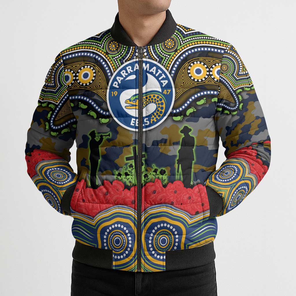 ANZAC Day Parramatta Eels Bomber Puffer Jacket Military Memorial Aboriginal Indigenous Art