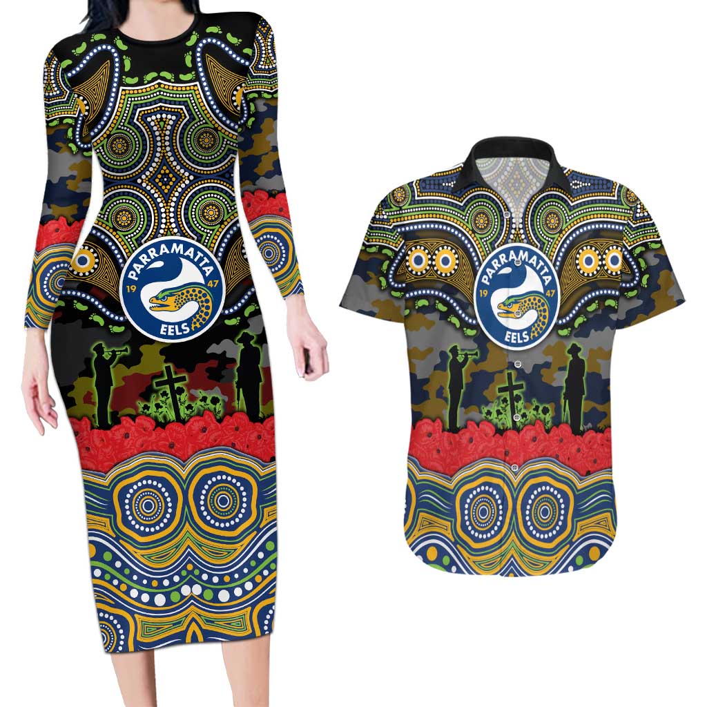 ANZAC Day Parramatta Eels Couples Matching Long Sleeve Bodycon Dress and Hawaiian Shirt Military Memorial Aboriginal Indigenous Art