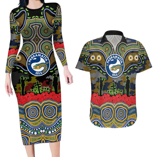 ANZAC Day Parramatta Eels Couples Matching Long Sleeve Bodycon Dress and Hawaiian Shirt Military Memorial Aboriginal Indigenous Art