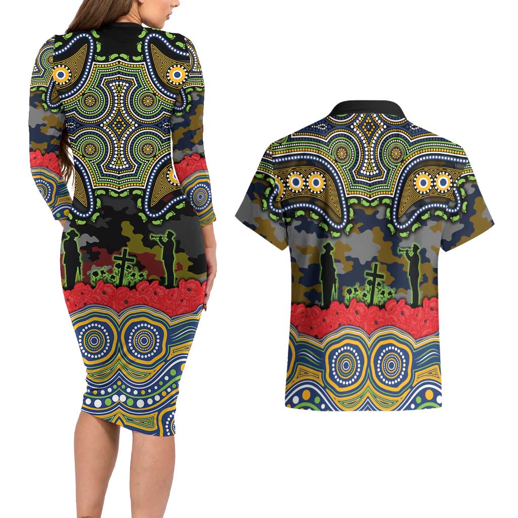 ANZAC Day Parramatta Eels Couples Matching Long Sleeve Bodycon Dress and Hawaiian Shirt Military Memorial Aboriginal Indigenous Art