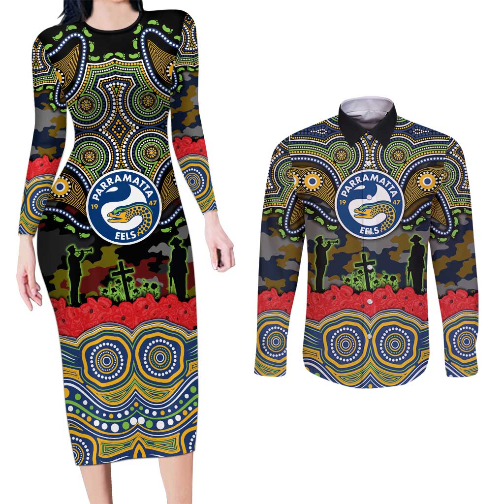 ANZAC Day Parramatta Eels Couples Matching Long Sleeve Bodycon Dress and Long Sleeve Button Shirt Military Memorial Aboriginal Indigenous Art