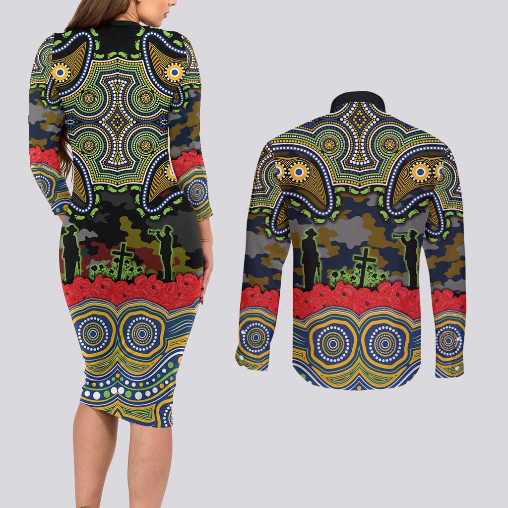 ANZAC Day Parramatta Eels Couples Matching Long Sleeve Bodycon Dress and Long Sleeve Button Shirt Military Memorial Aboriginal Indigenous Art