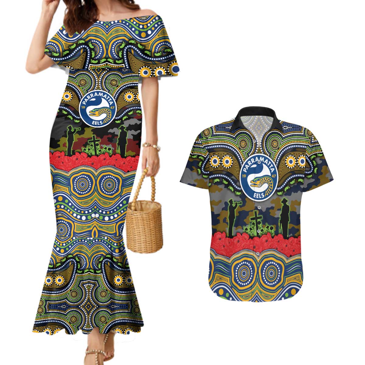 ANZAC Day Parramatta Eels Couples Matching Mermaid Dress and Hawaiian Shirt Military Memorial Aboriginal Indigenous Art