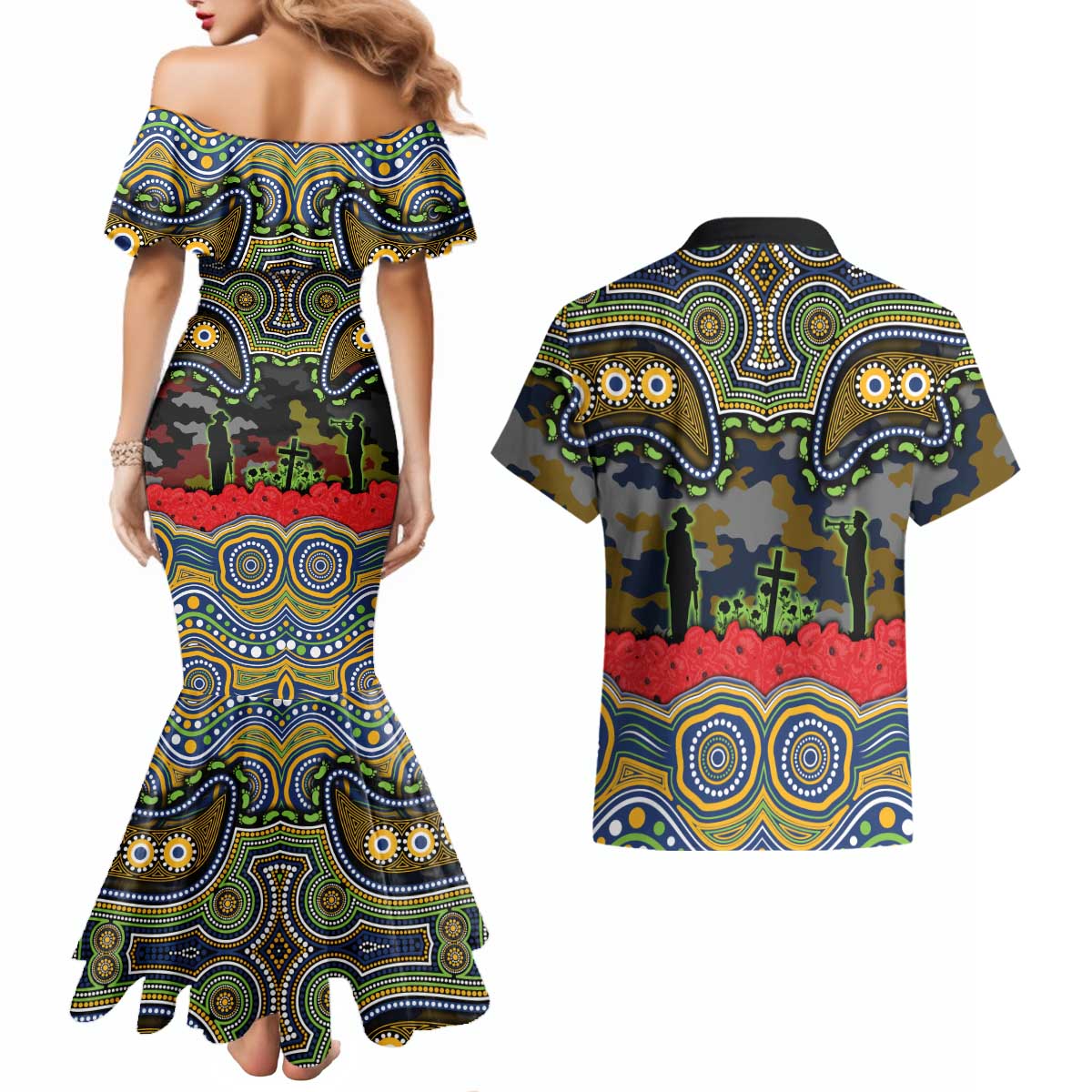 ANZAC Day Parramatta Eels Couples Matching Mermaid Dress and Hawaiian Shirt Military Memorial Aboriginal Indigenous Art