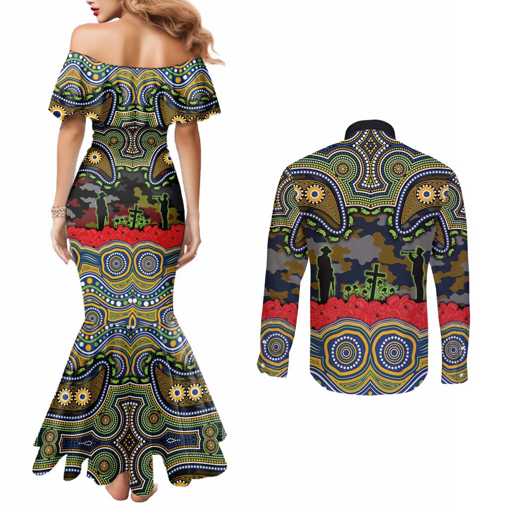 ANZAC Day Parramatta Eels Couples Matching Mermaid Dress and Long Sleeve Button Shirt Military Memorial Aboriginal Indigenous Art