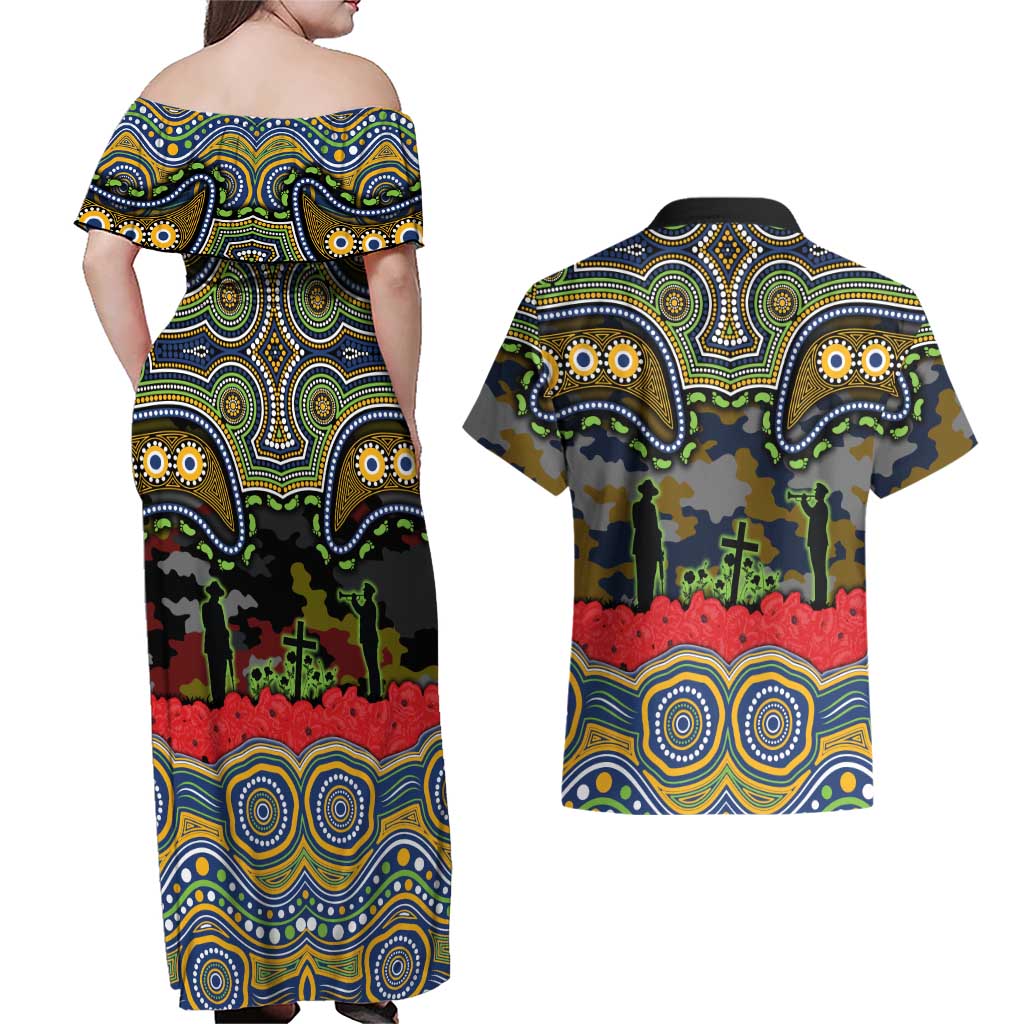 ANZAC Day Parramatta Eels Couples Matching Off Shoulder Maxi Dress and Hawaiian Shirt Military Memorial Aboriginal Indigenous Art
