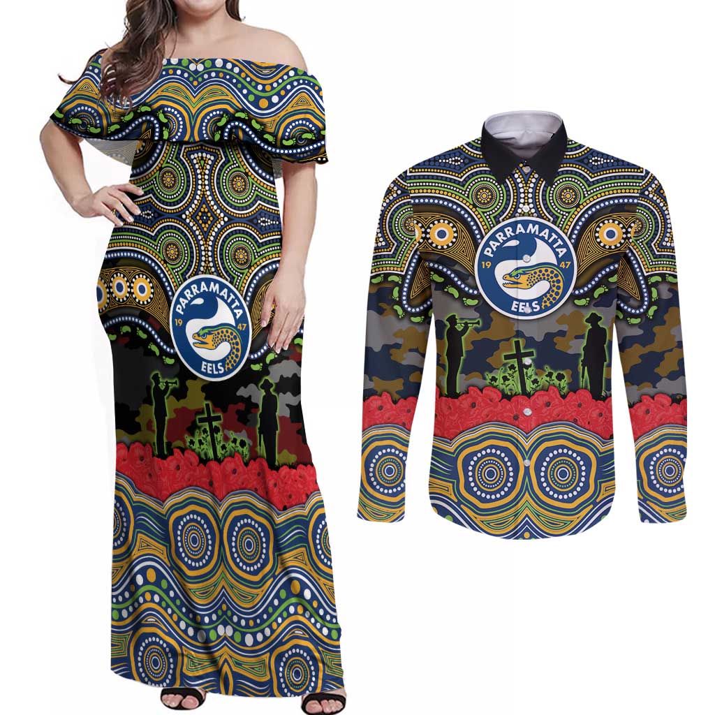 ANZAC Day Parramatta Eels Couples Matching Off Shoulder Maxi Dress and Long Sleeve Button Shirt Military Memorial Aboriginal Indigenous Art