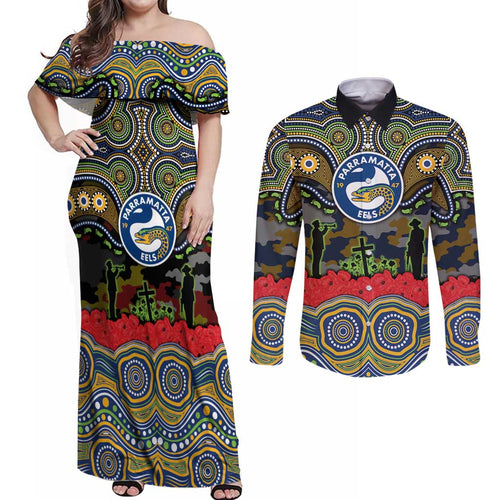 ANZAC Day Parramatta Eels Couples Matching Off Shoulder Maxi Dress and Long Sleeve Button Shirt Military Memorial Aboriginal Indigenous Art