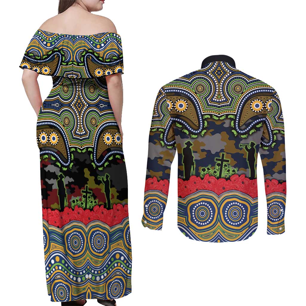 ANZAC Day Parramatta Eels Couples Matching Off Shoulder Maxi Dress and Long Sleeve Button Shirt Military Memorial Aboriginal Indigenous Art