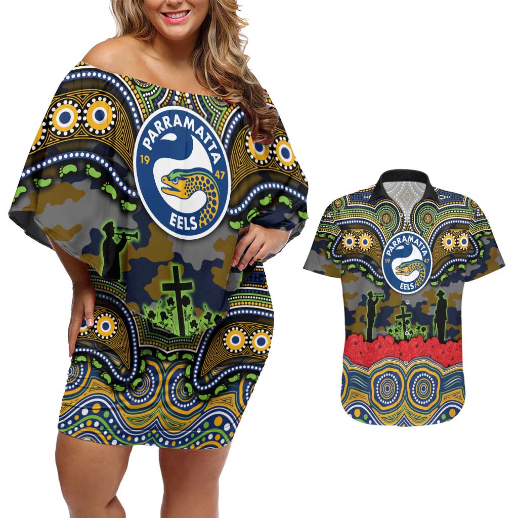 ANZAC Day Parramatta Eels Couples Matching Off Shoulder Short Dress and Hawaiian Shirt Military Memorial Aboriginal Indigenous Art