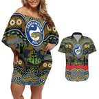 ANZAC Day Parramatta Eels Couples Matching Off Shoulder Short Dress and Hawaiian Shirt Military Memorial Aboriginal Indigenous Art