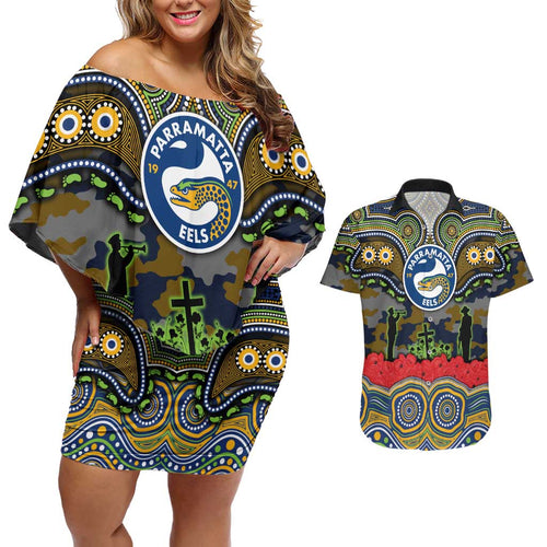 ANZAC Day Parramatta Eels Couples Matching Off Shoulder Short Dress and Hawaiian Shirt Military Memorial Aboriginal Indigenous Art