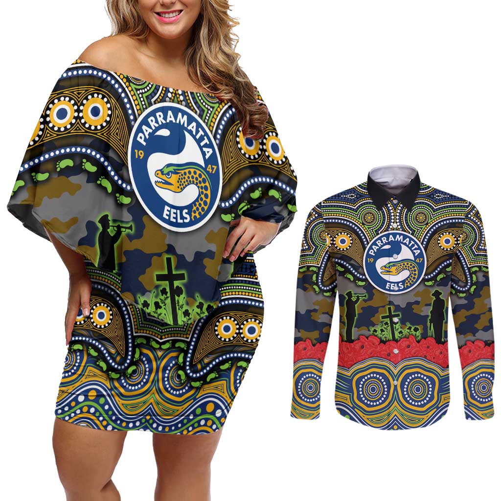 ANZAC Day Parramatta Eels Couples Matching Off Shoulder Short Dress and Long Sleeve Button Shirt Military Memorial Aboriginal Indigenous Art