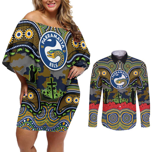 ANZAC Day Parramatta Eels Couples Matching Off Shoulder Short Dress and Long Sleeve Button Shirt Military Memorial Aboriginal Indigenous Art