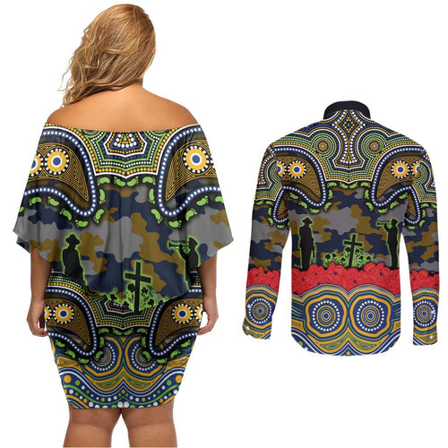 ANZAC Day Parramatta Eels Couples Matching Off Shoulder Short Dress and Long Sleeve Button Shirt Military Memorial Aboriginal Indigenous Art