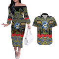 ANZAC Day Parramatta Eels Couples Matching Off The Shoulder Long Sleeve Dress and Hawaiian Shirt Military Memorial Aboriginal Indigenous Art