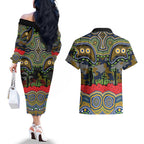 ANZAC Day Parramatta Eels Couples Matching Off The Shoulder Long Sleeve Dress and Hawaiian Shirt Military Memorial Aboriginal Indigenous Art