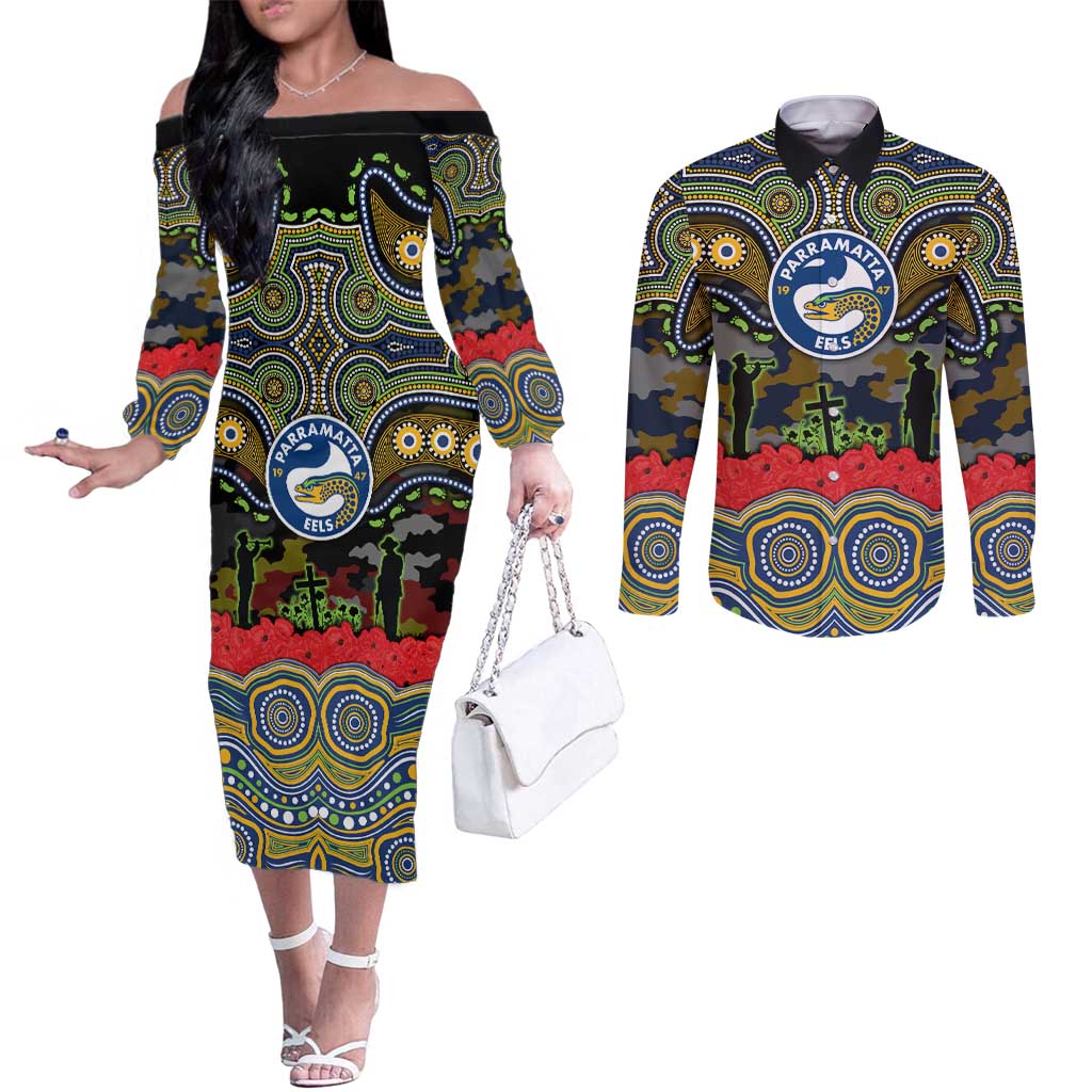 ANZAC Day Parramatta Eels Couples Matching Off The Shoulder Long Sleeve Dress and Long Sleeve Button Shirt Military Memorial Aboriginal Indigenous Art